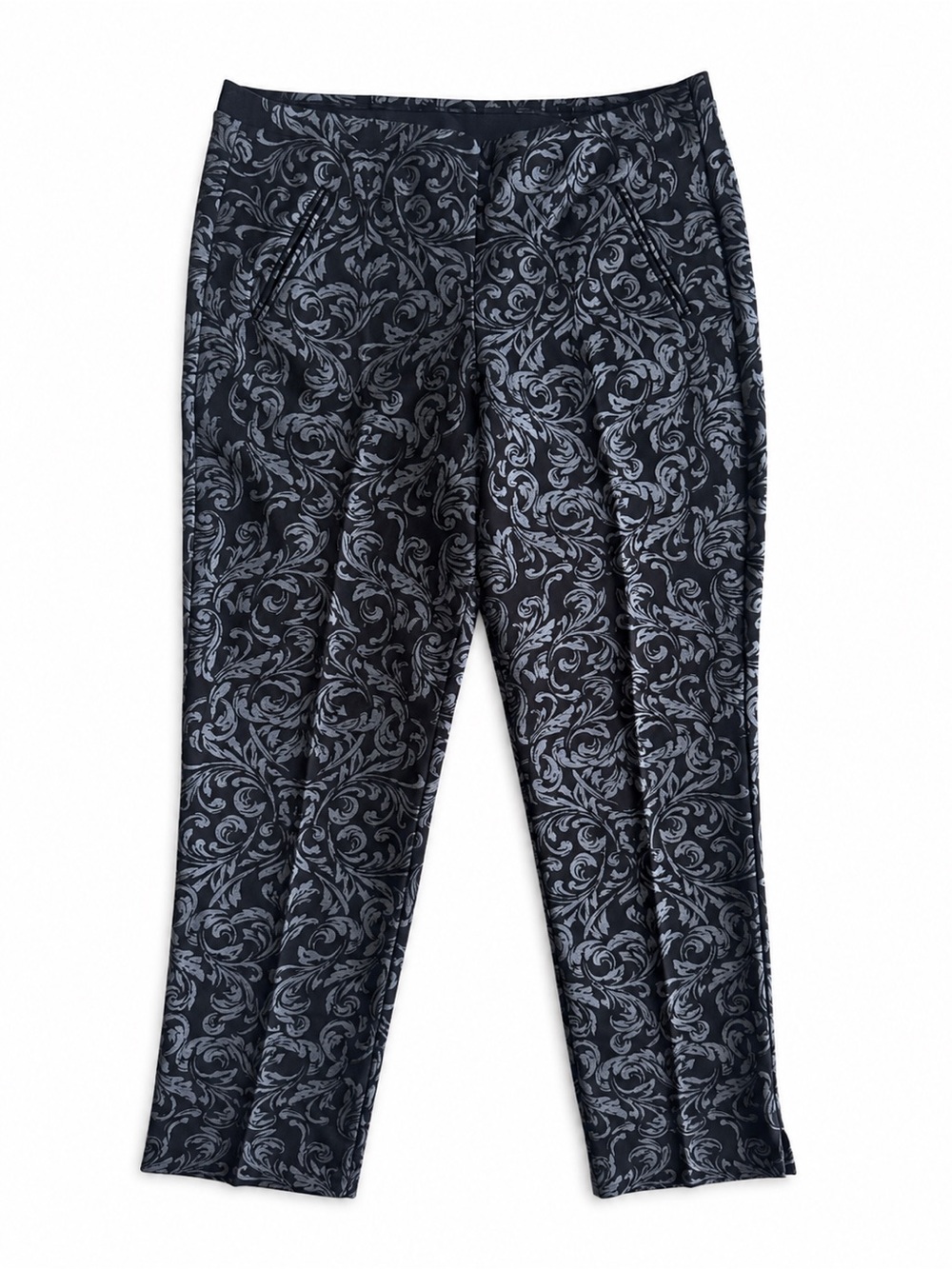 Chico’s Pull-On Ankle Pants Black Gray Baroque Scroll Print Stretch 1.5 (US 10)